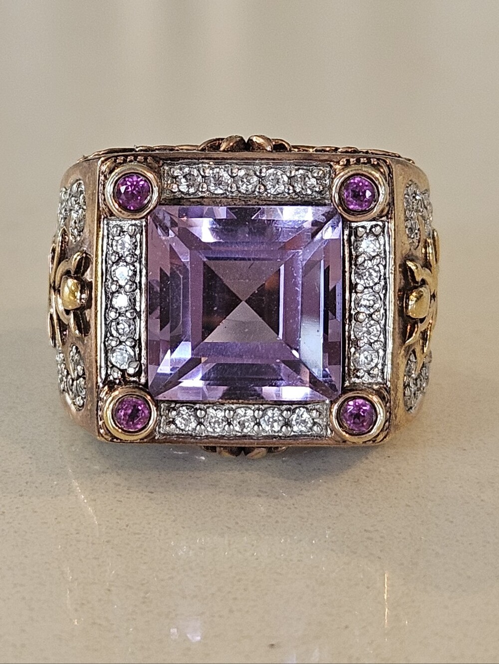 Dallas Prince Sterling Silver Gold Amethyst Diamond Statement Ring Sz 7.5